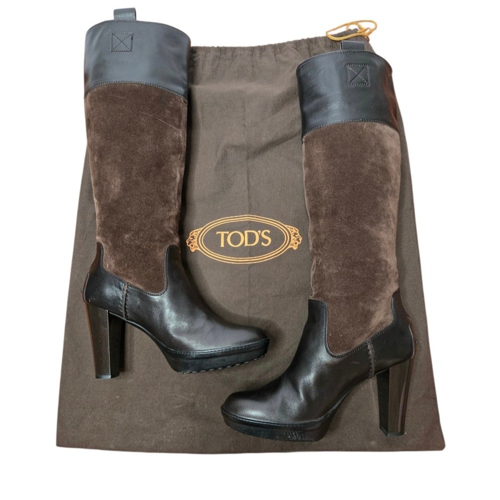 Tod's Equestrian Black Brown Leather Suede Knee High Boots 38.5 Made In Italy